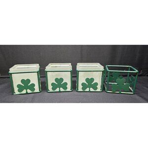 Square Glass Votive Candle Holders w Green Shamrock Metal Frames St. Patrick Day